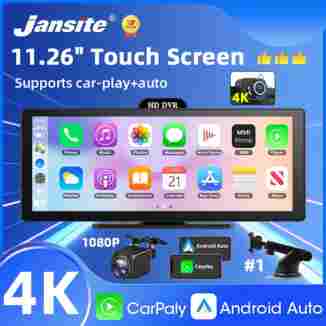 10/11.26 인치 4K DVR 무선 CarPlay 및 Android 자동 대시 캠 블루투스 오디오 GPS 네비게이션 대시 보드 듀얼 렌즈 비디오 레코더
