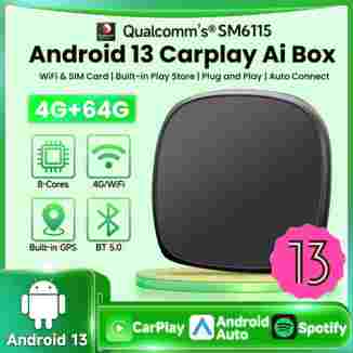 안드로이드 13 무선 CarPlay Ai Box QCM6115 8 코어 지원 Netflix 및 Youtube Ford Benz VW Audi Toyota 용 내장 GPS 4G LTE SIM