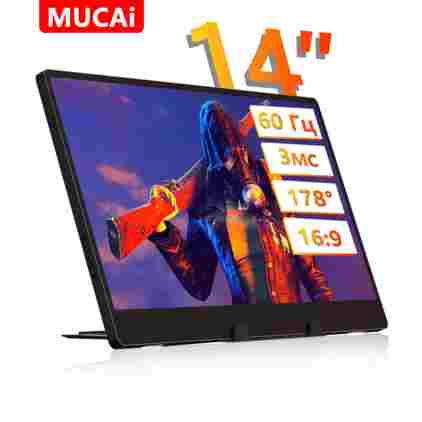 14인치 휴대용 모니터 MUCAI N140-S36 광각 178 ° 노트북/휴대폰/PS5/Xbox용 USB C HDMI(60Hz 스피커 포함)